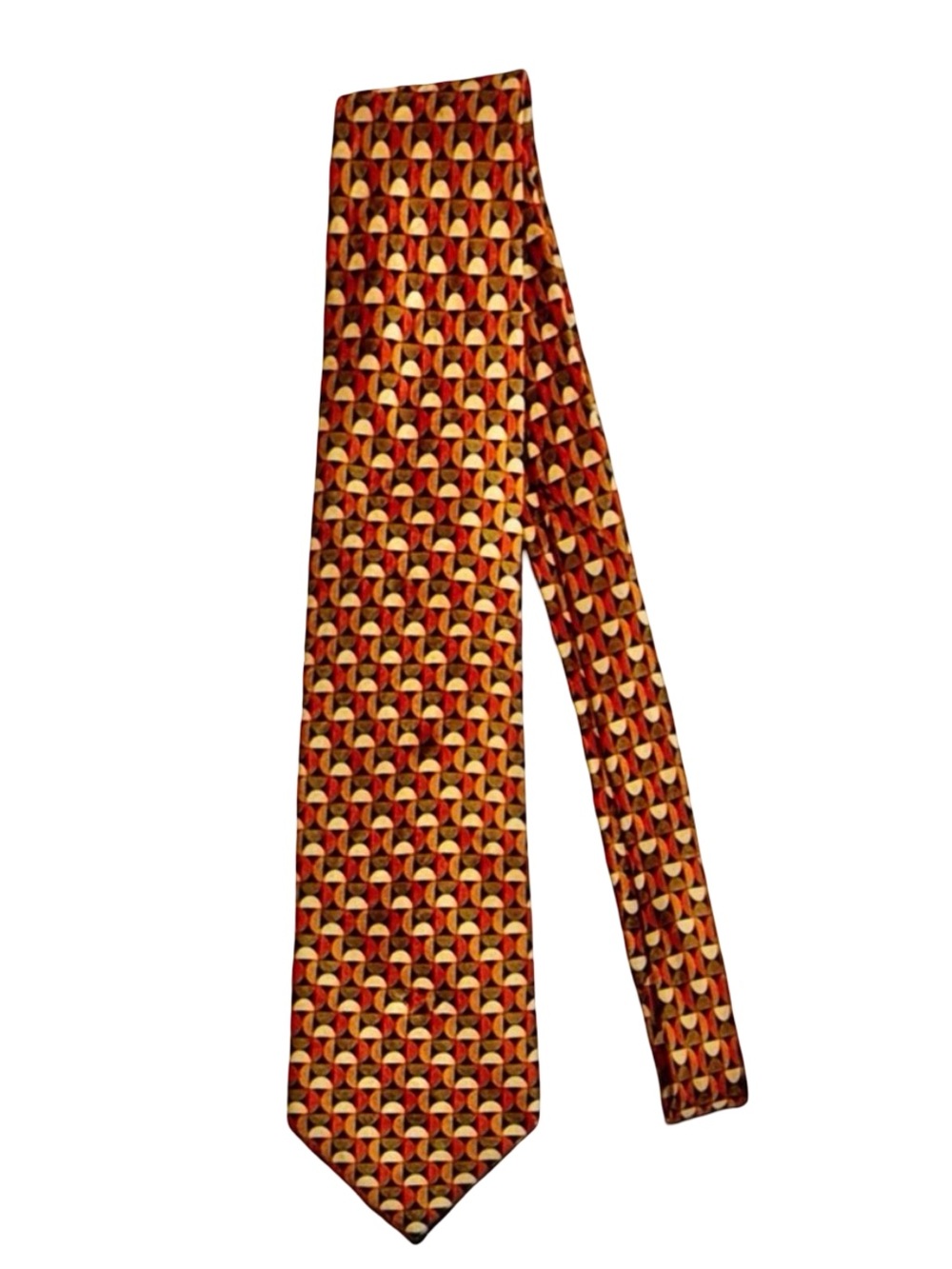 Bijan Men’s Burgundy, Green & Gold Patterned Silk Necktie. 58” x 4”
